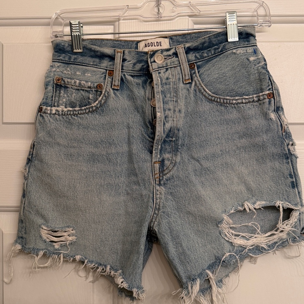 Agolde Riley Short Light Blue Distressed Jean Shorts 24 xs